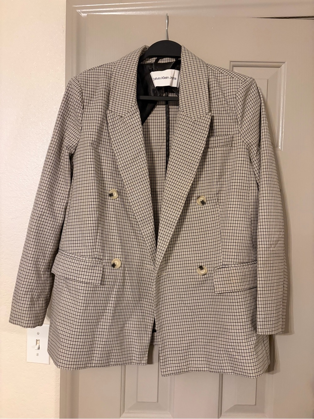 Calvin Klein Jeans Black and Tan Windowpane Double-Breasted Blazer